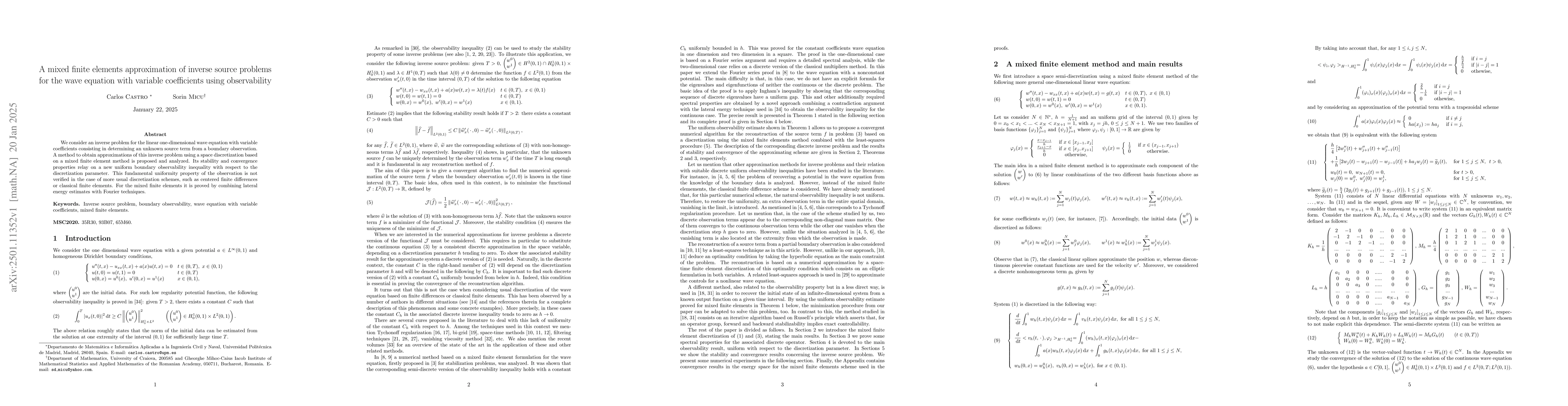 Thumbnail for A mixed finite elements approximation of inverse source problems for the
  wave equation with variable coefficients using observability