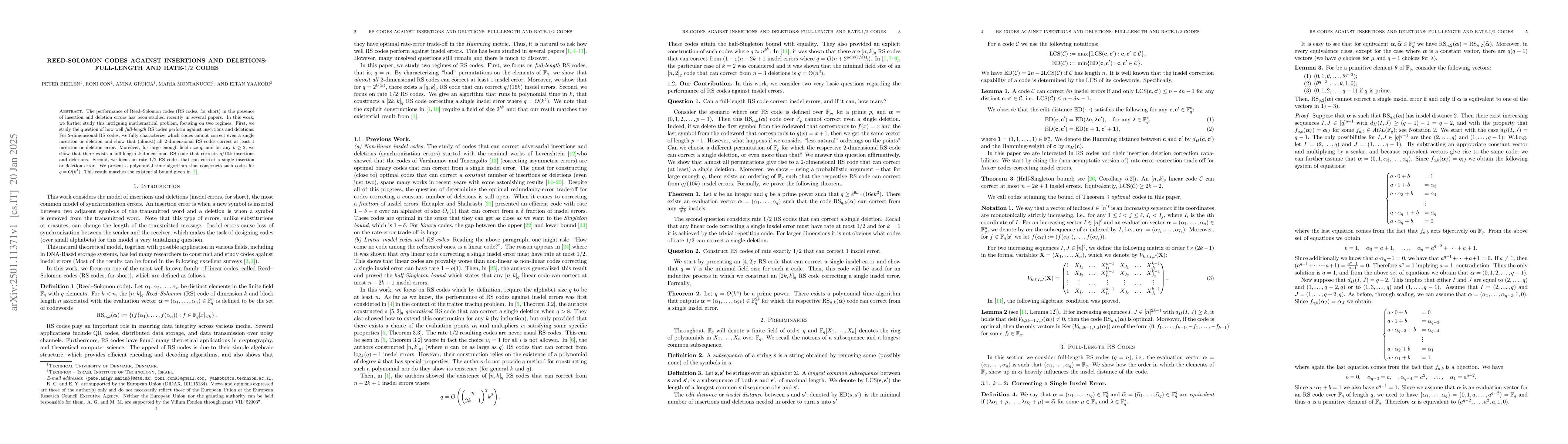 Thumbnail for Reed-Solomon Codes Against Insertions and Deletions: Full-Length and
  Rate-$1/2$ Codes