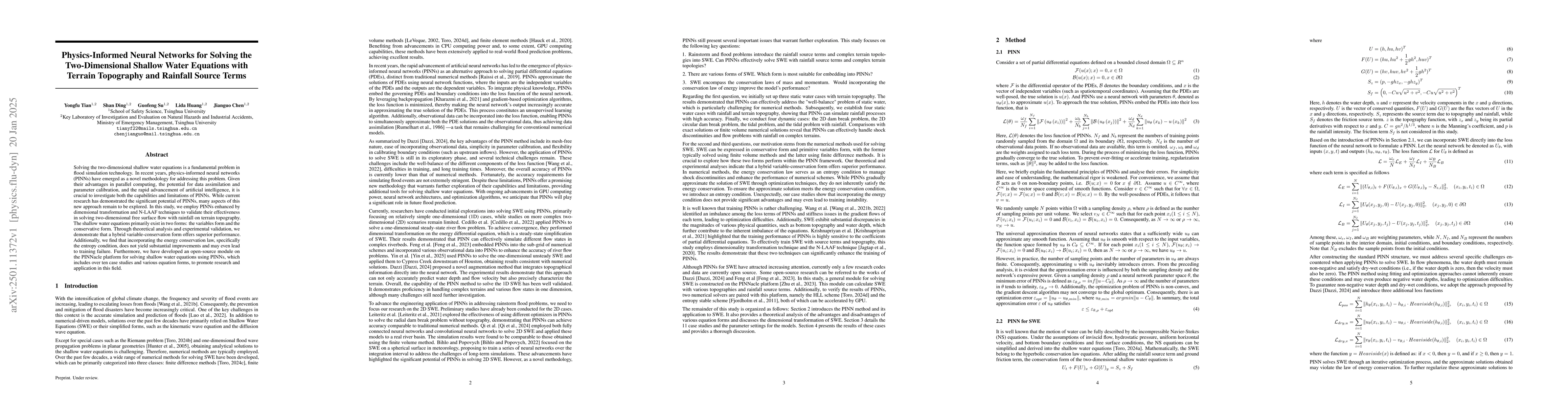 Thumbnail for Physics-Informed Neural Networks for Solving the Two-Dimensional Shallow
  Water Equations with Terrain Topography and Rainfall Source Terms