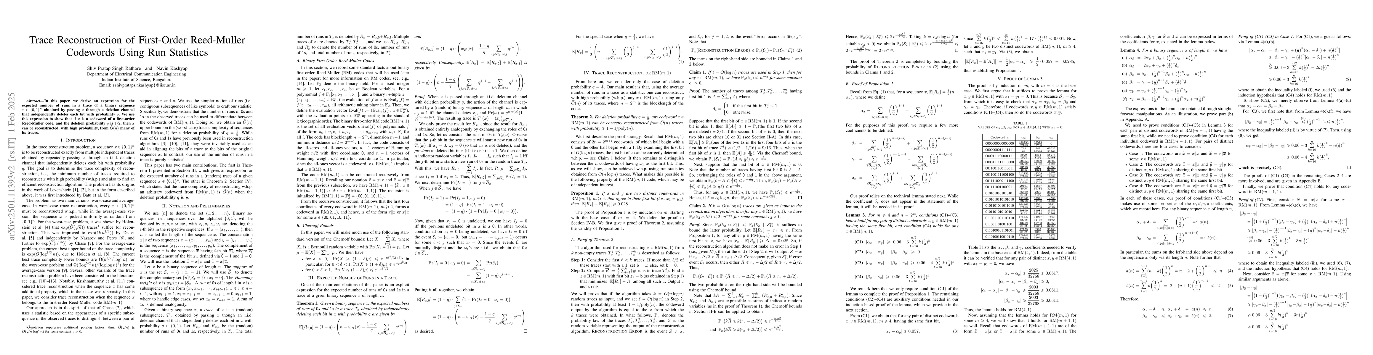 Thumbnail for Trace Reconstruction of First-Order Reed-Muller Codewords Using Run
  Statistics