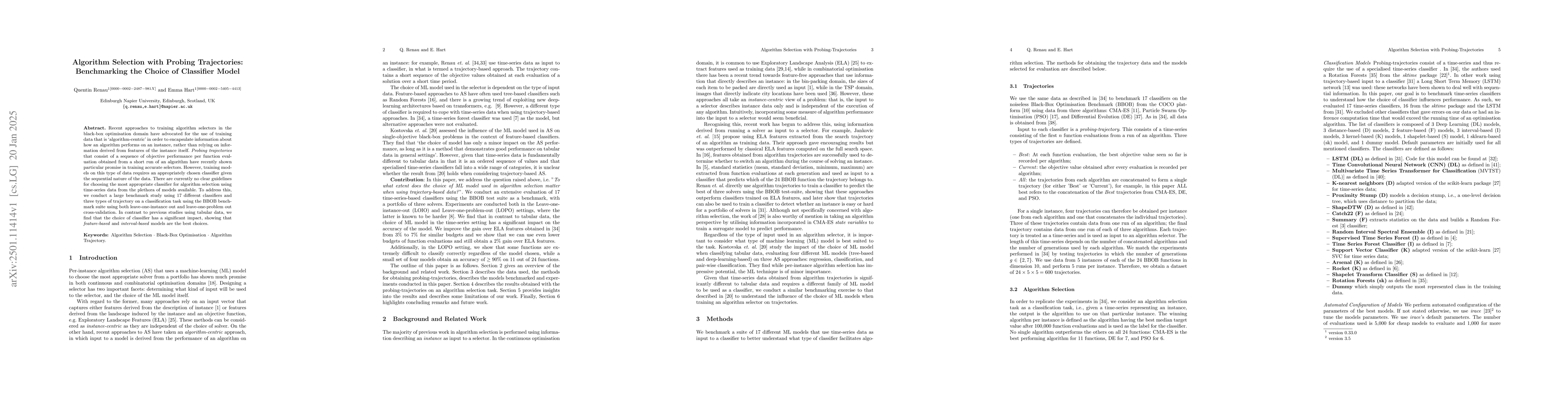 Thumbnail for Algorithm Selection with Probing Trajectories: Benchmarking the Choice
  of Classifier Model