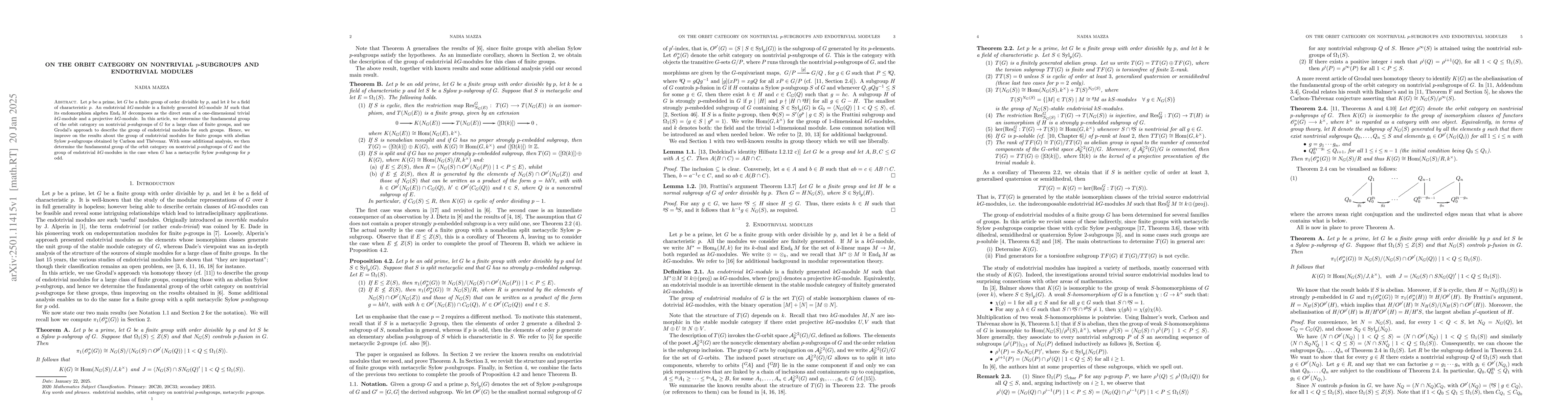 Thumbnail for On the orbit category on nontrivial $p$-subgroups and endotrivial
  modules