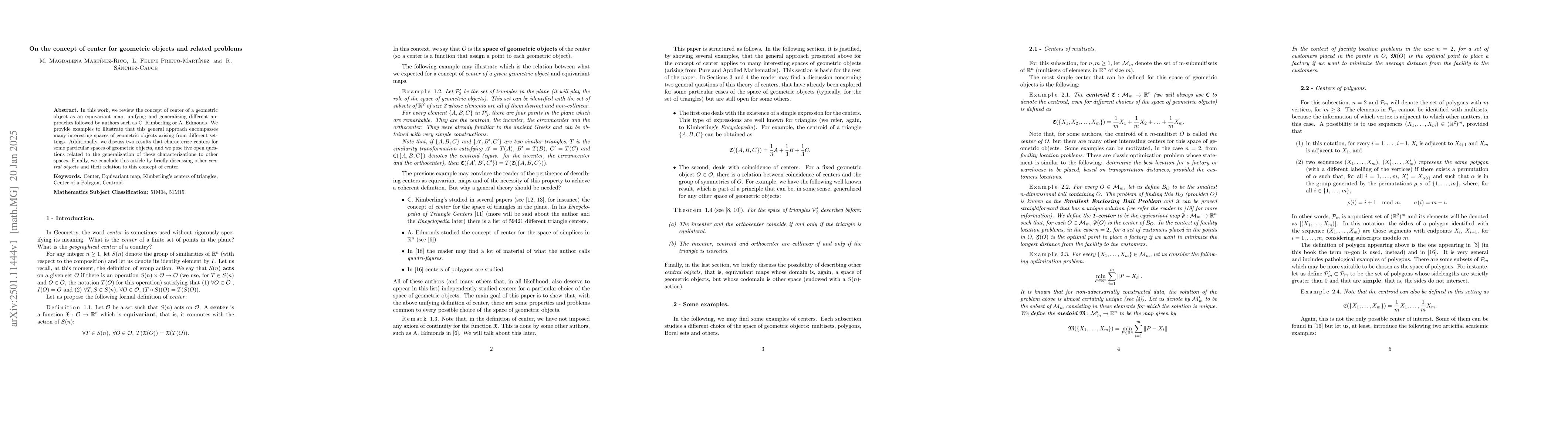 Thumbnail for On the concept of center for geometric objects and related problems