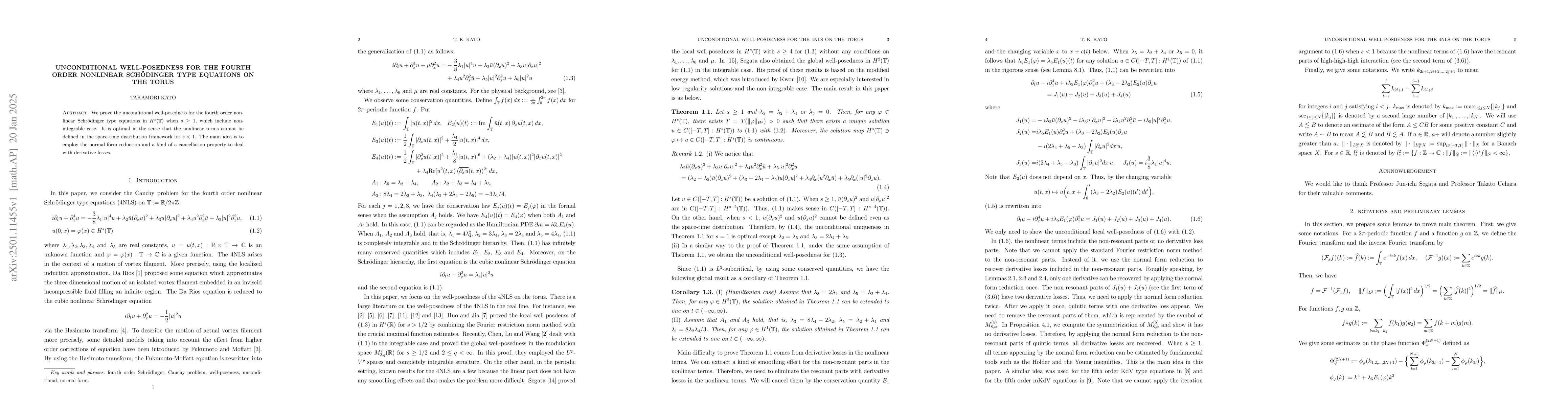 Thumbnail for Unconditional well-posendness for the fourth order nonlinear Schrodinger
  type equations on the torus