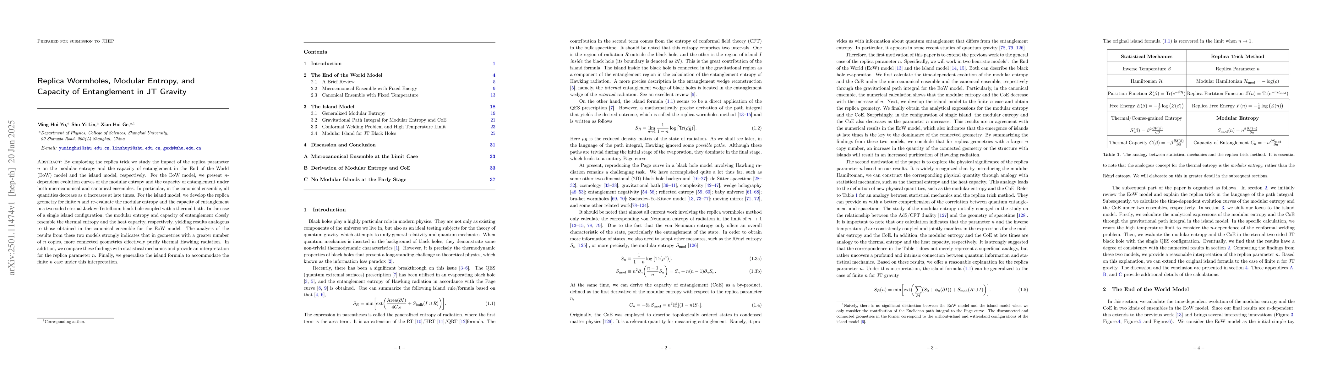 Thumbnail for Replica Wormholes, Modular Entropy, and Capacity of Entanglement in JT
  Gravity