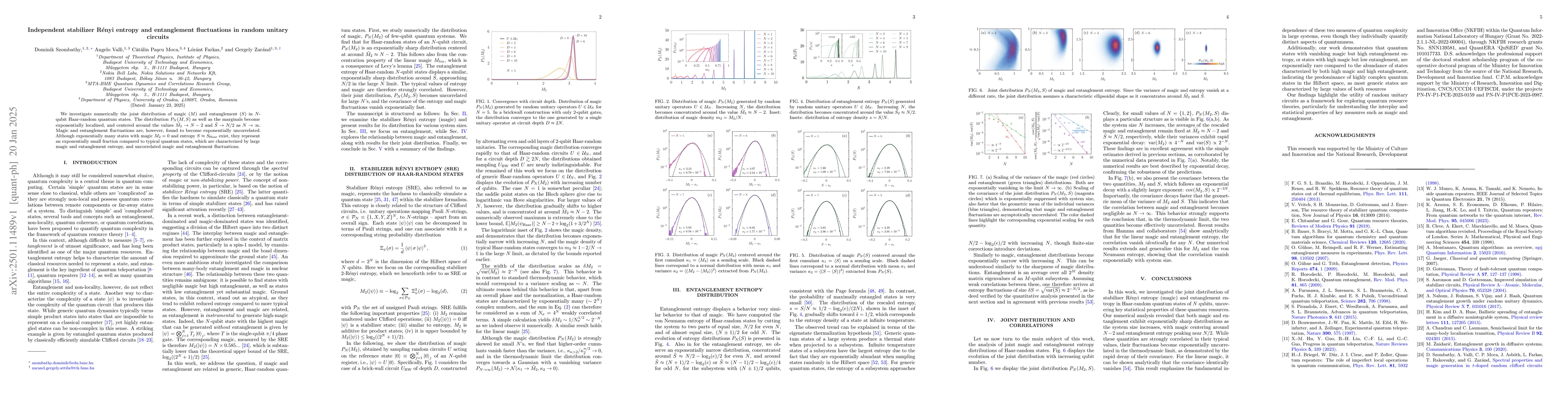 Thumbnail for Independent stabilizer Rényi entropy and entanglement fluctuations in
  random unitary circuits