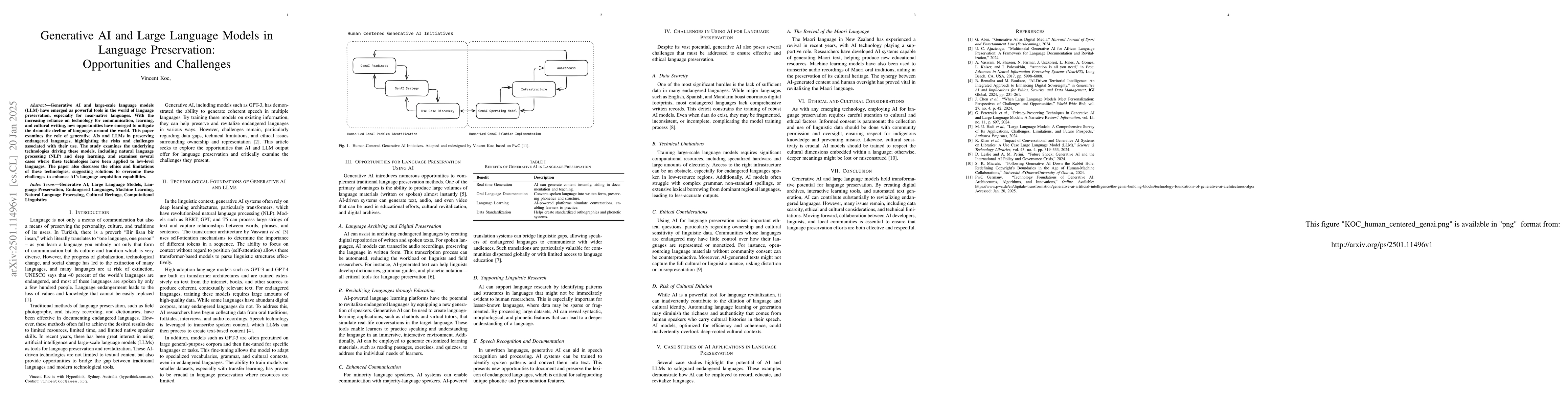 Thumbnail for Generative AI and Large Language Models in Language Preservation:
  Opportunities and Challenges