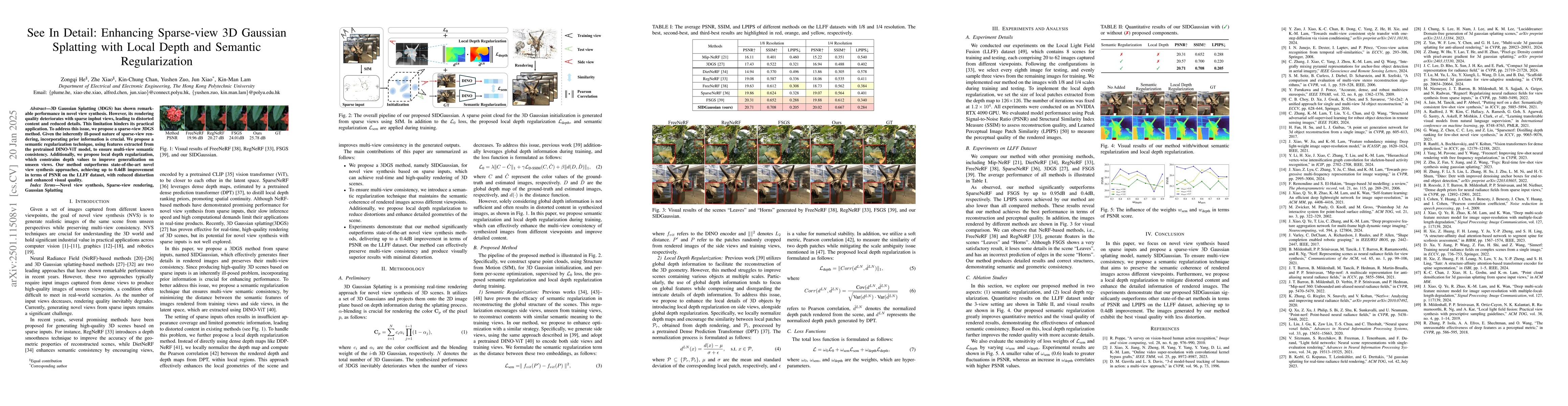 Thumbnail for See In Detail: Enhancing Sparse-view 3D Gaussian Splatting with Local
  Depth and Semantic Regularization