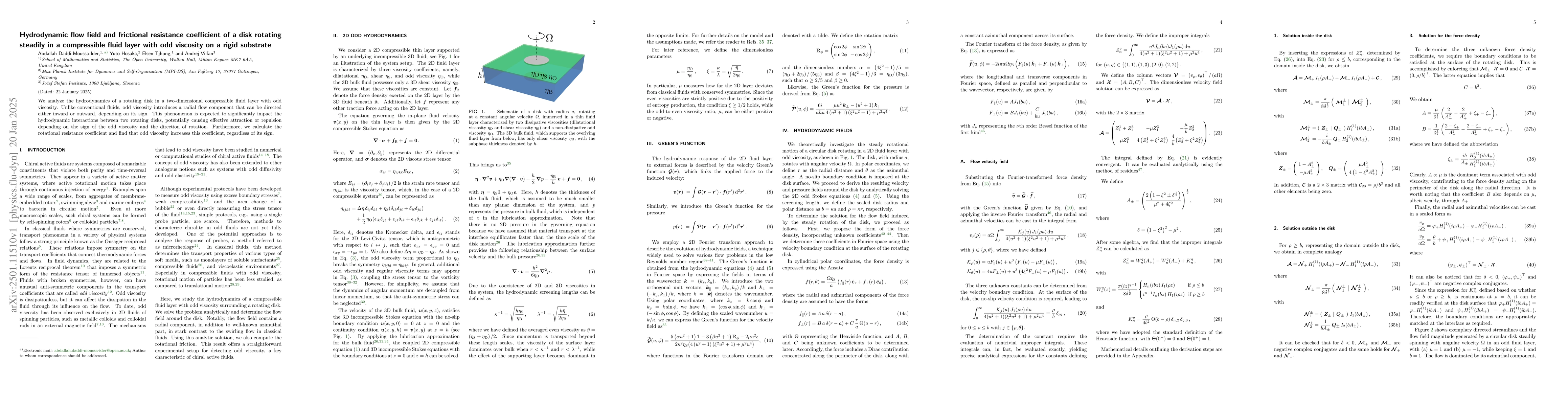 Thumbnail for Hydrodynamic flow field and frictional resistance coefficient of a disk
  rotating steadily in a compressible fluid layer with odd viscosity on a rigid
  substrate