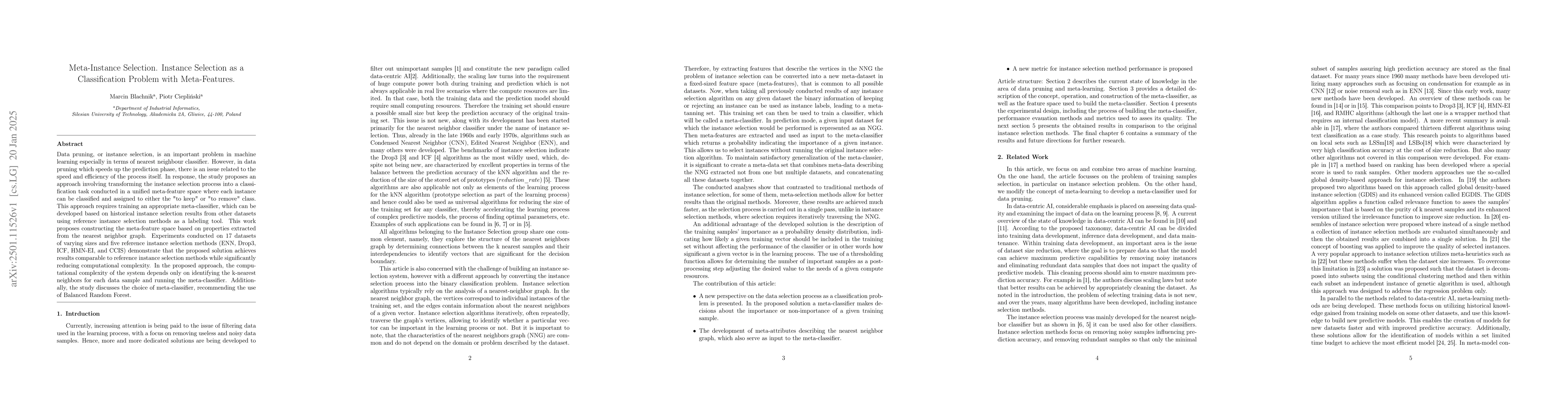 Thumbnail for Meta-Instance Selection. Instance Selection as a Classification Problem
  with Meta-Features