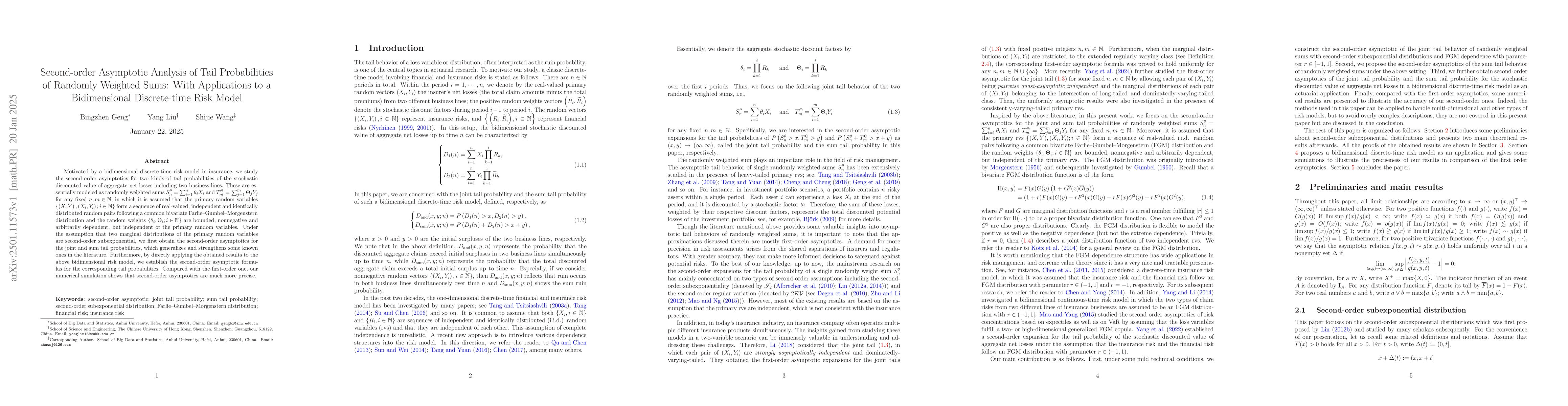 Thumbnail for Second-order Asymptotic Analysis of Tail Probabilities of Randomly
  Weighted Sums: With Applications to a Bidimensional Discrete-time Risk Model