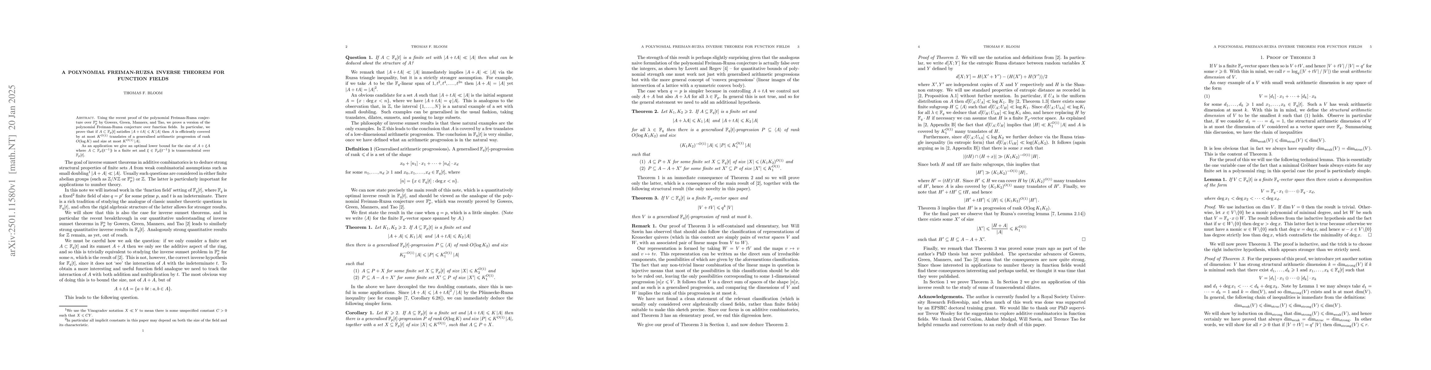 Thumbnail for A polynomial Freiman-Ruzsa inverse theorem for function fields