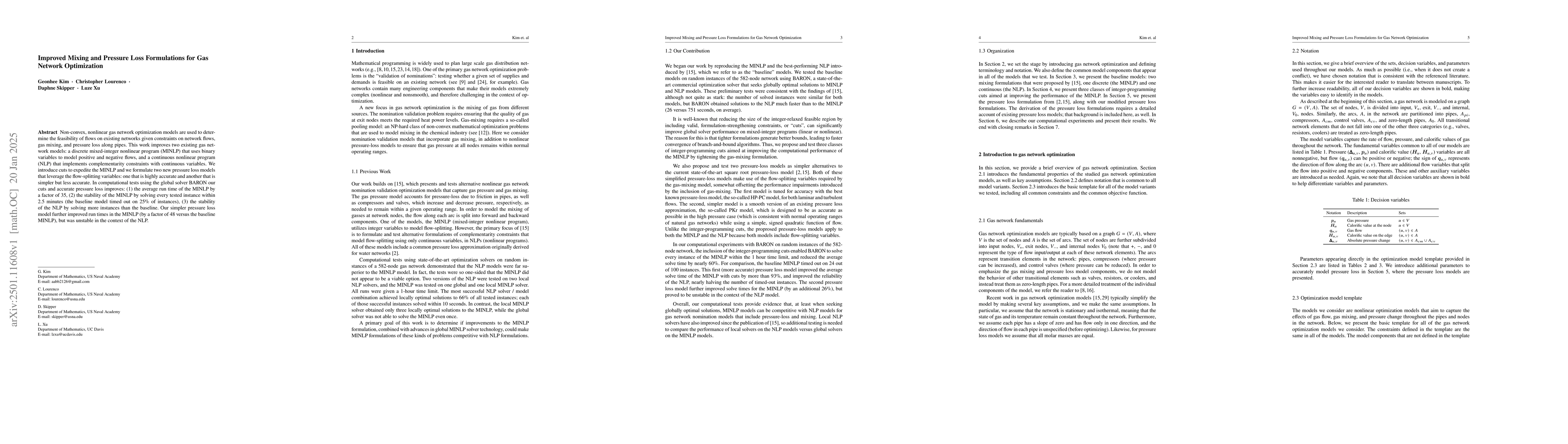 Thumbnail for Improved Mixing and Pressure Loss Formulations for Gas Network
  Optimization