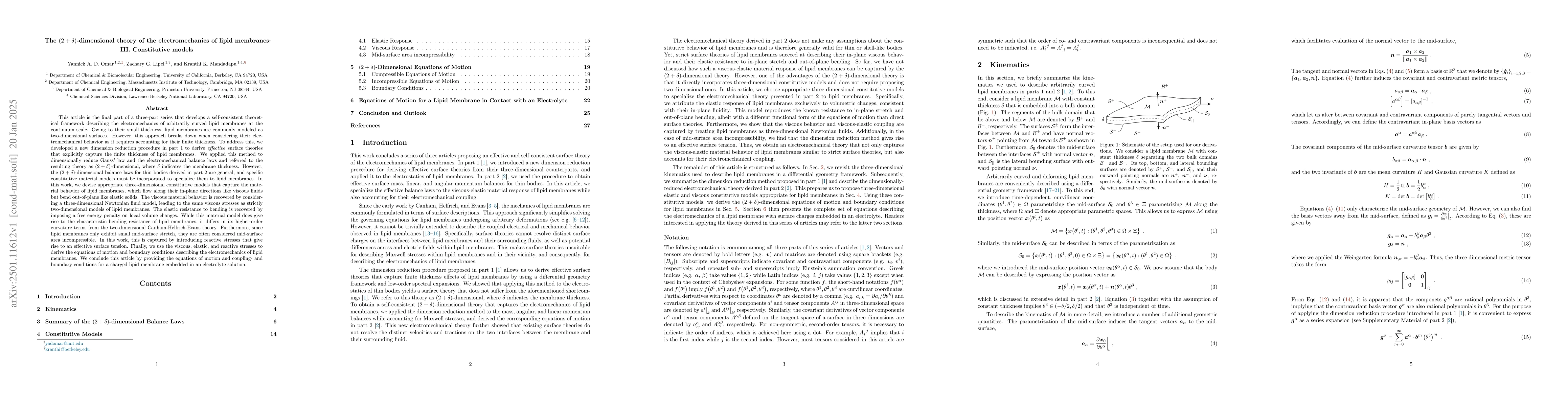Thumbnail for The $(2+δ)$-dimensional theory of the electromechanics of lipid
  membranes: III. Constitutive models