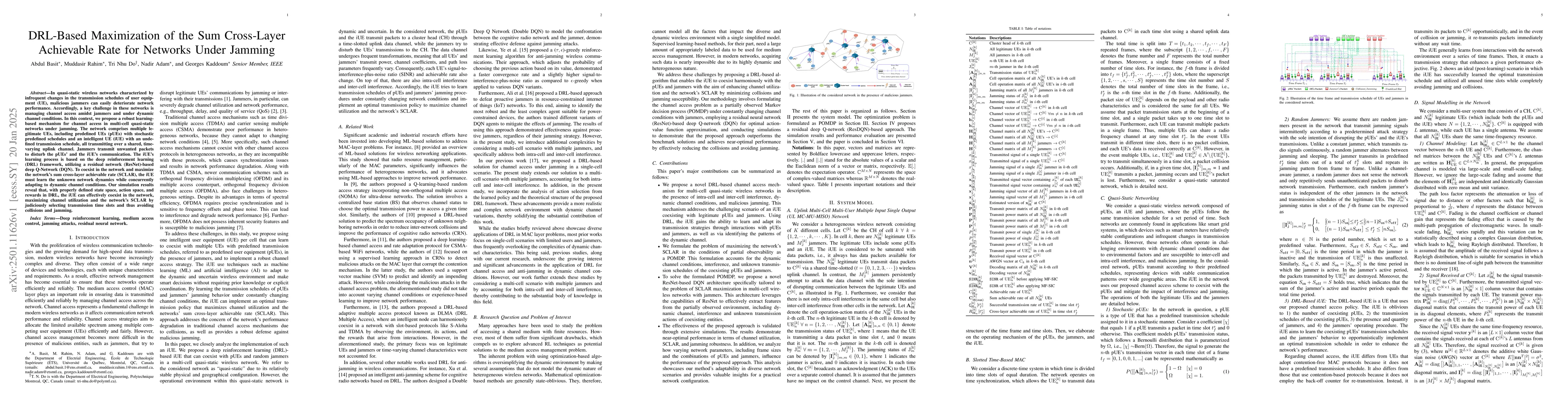 Thumbnail for DRL-Based Maximization of the Sum Cross-Layer Achievable Rate for
  Networks Under Jamming