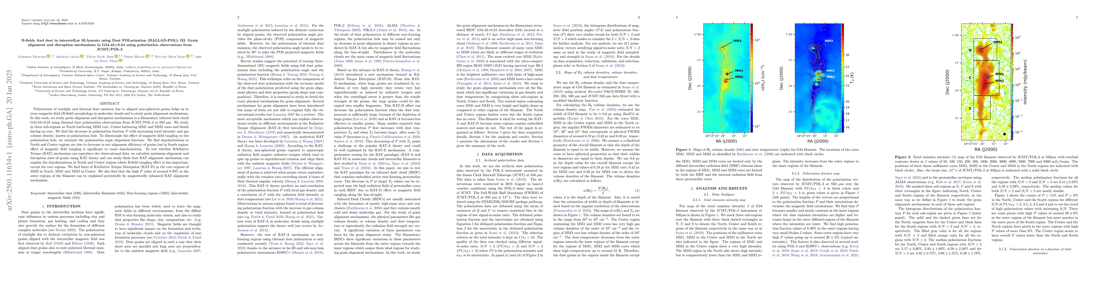 Thumbnail for B-fields And dust in interstelLar fiLAments using Dust POLarization
  (BALLAD-POL): III. Grain alignment and disruption mechanisms in G34.43+0.24
  using polarization observations from JCMT/POL-2