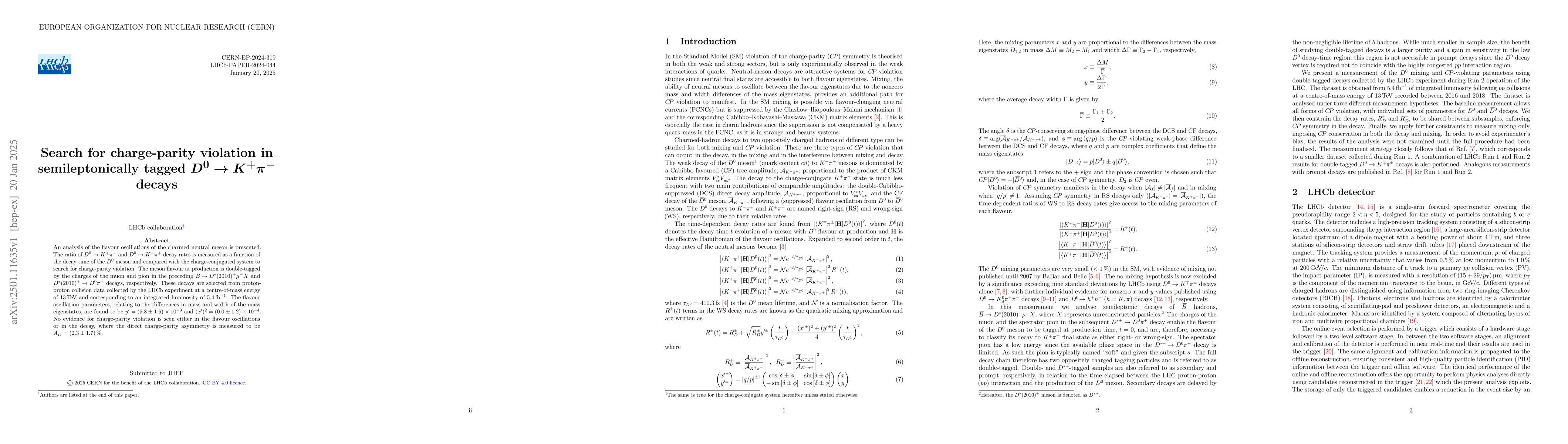 Thumbnail for Search for charge-parity violation in semileptonically tagged $D^{0} \to
  K^{+} π^{-}$ decays