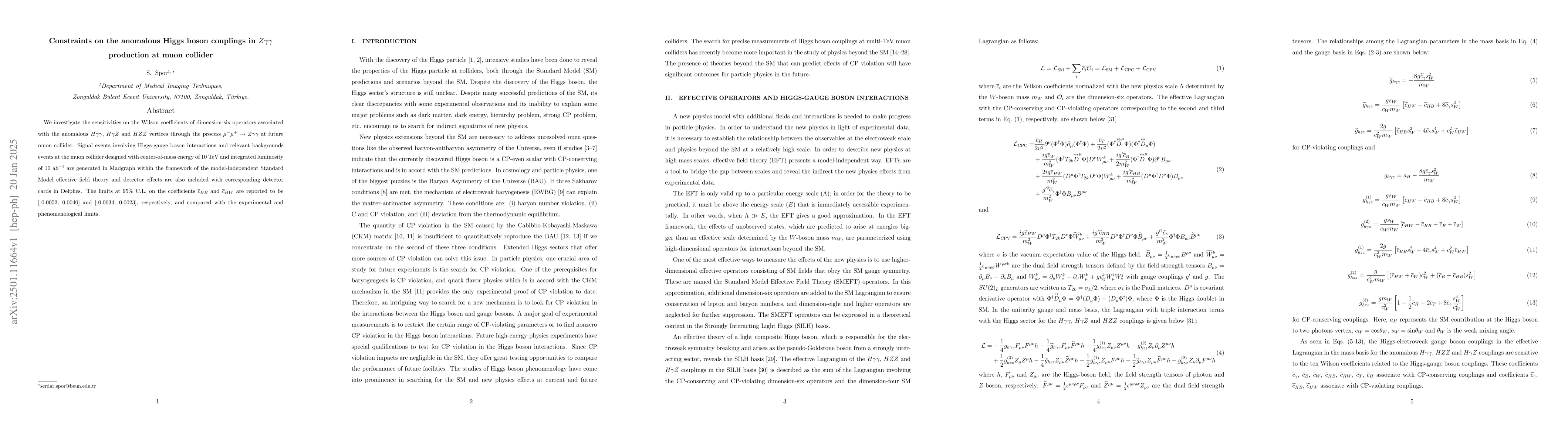 Thumbnail for Constraints on the anomalous Higgs boson couplings in $Zγγ$
  production at muon collider