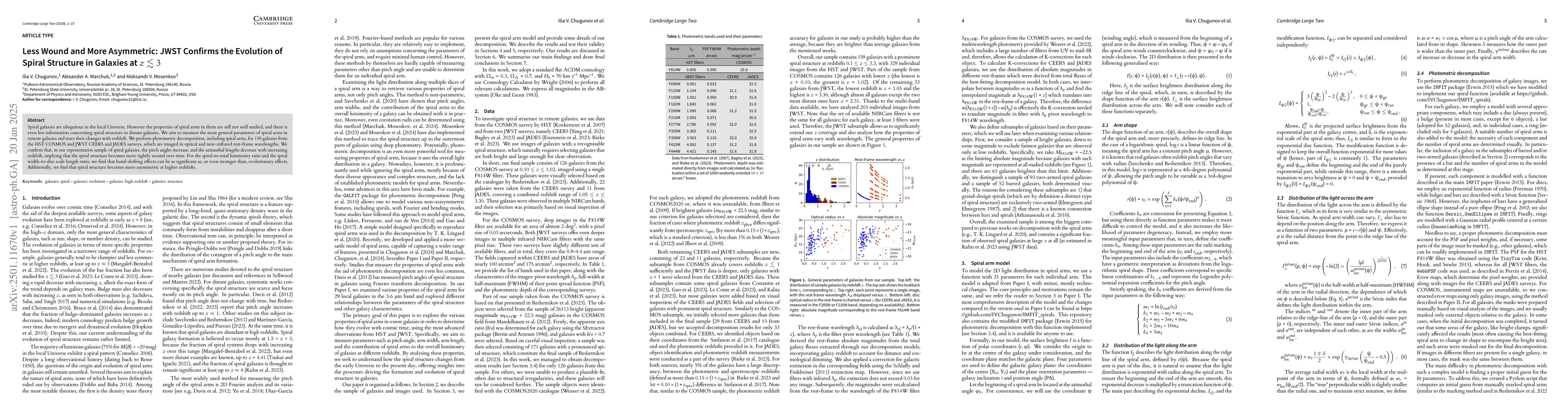Thumbnail for Less Wound and More Asymmetric: JWST Confirms the Evolution of Spiral
  Structure in Galaxies at $z \lesssim 3$