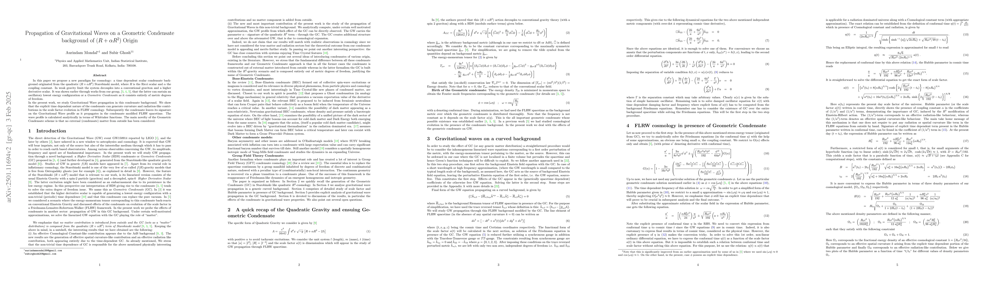 Thumbnail for Propagation of Gravitational Waves on a Geometric Condensate background
  of $(R + αR^{2})$ Origin