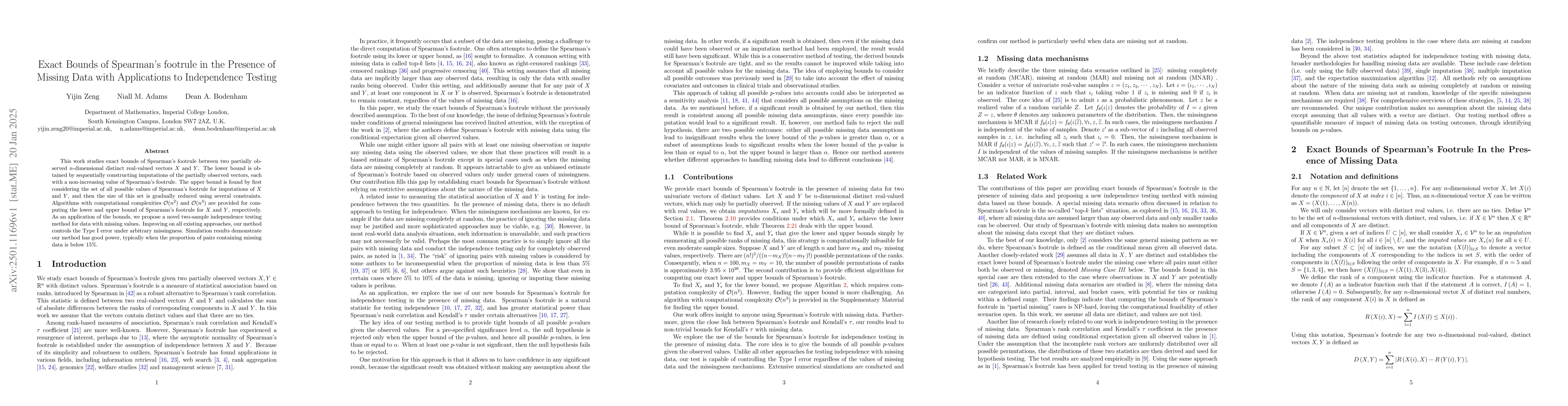 Thumbnail for Exact Bounds of Spearman's footrule in the Presence of Missing Data with
  Applications to Independence Testing