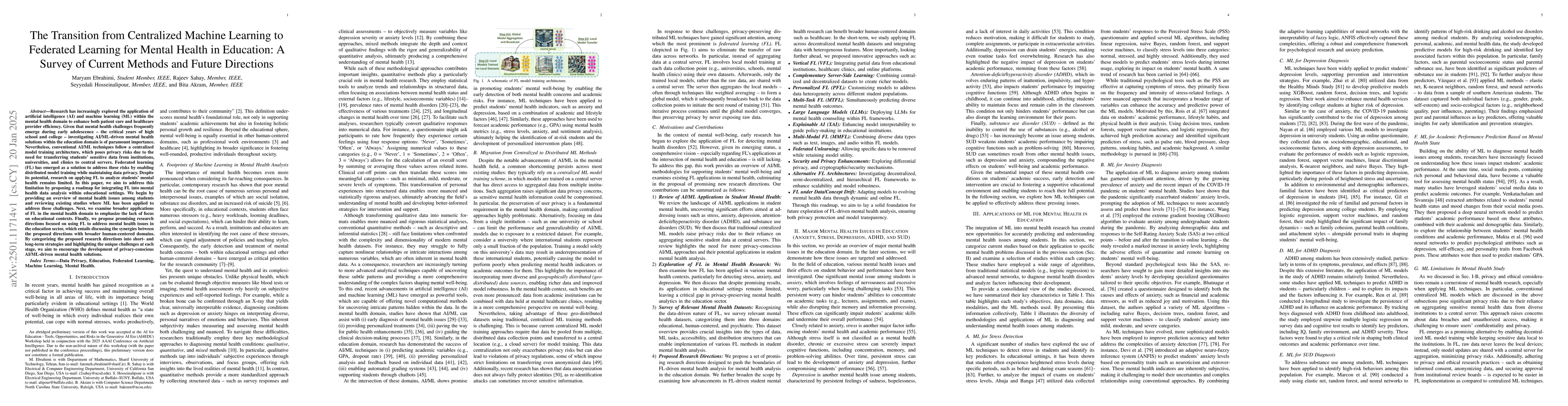 Thumbnail for The Transition from Centralized Machine Learning to Federated Learning
  for Mental Health in Education: A Survey of Current Methods and Future
  Directions