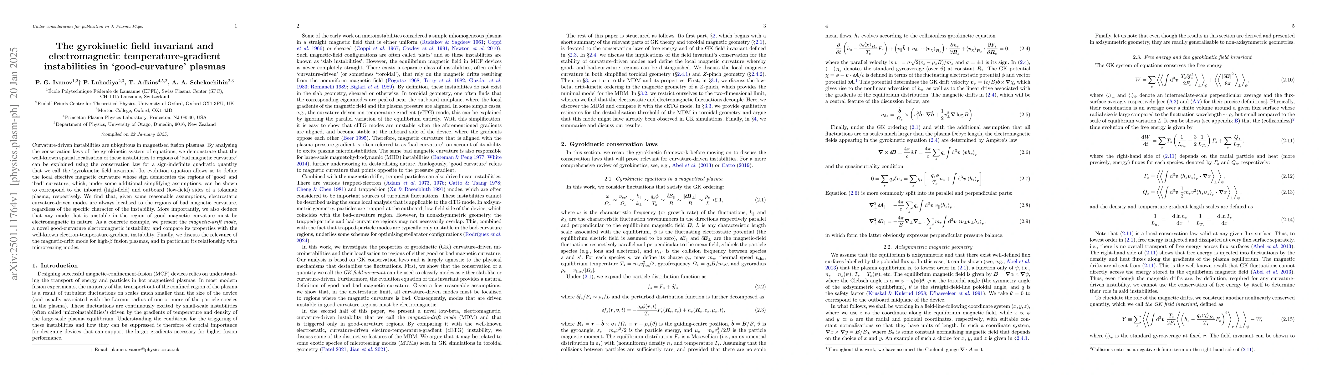 Thumbnail for The gyrokinetic field invariant and electromagnetic temperature-gradient
  instabilities in `good-curvature' plasmas