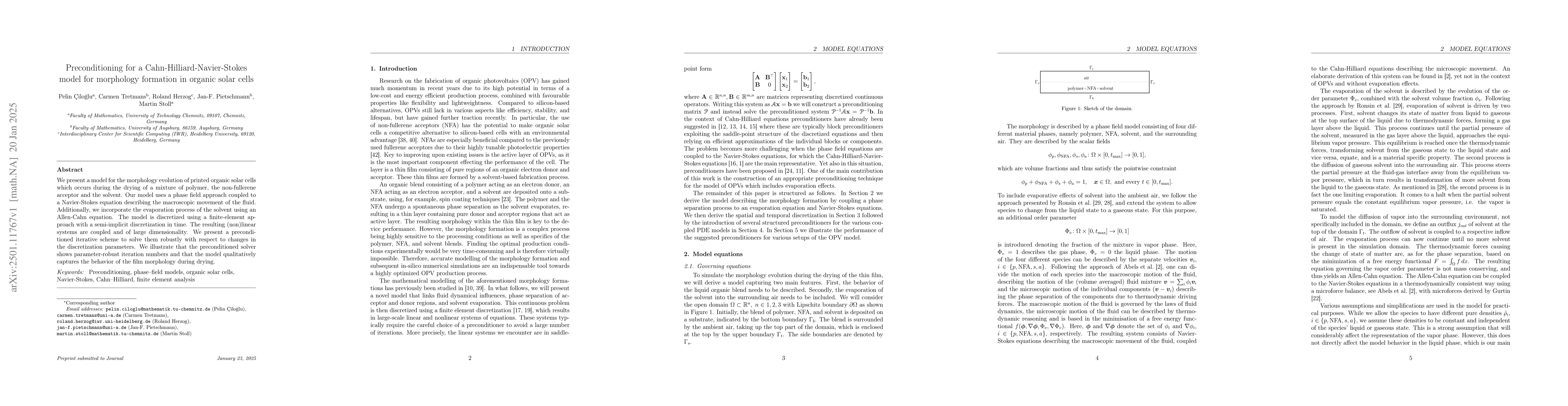 Thumbnail for Preconditioning for a Cahn-Hilliard-Navier-Stokes model for morphology
  formation in organic solar cells