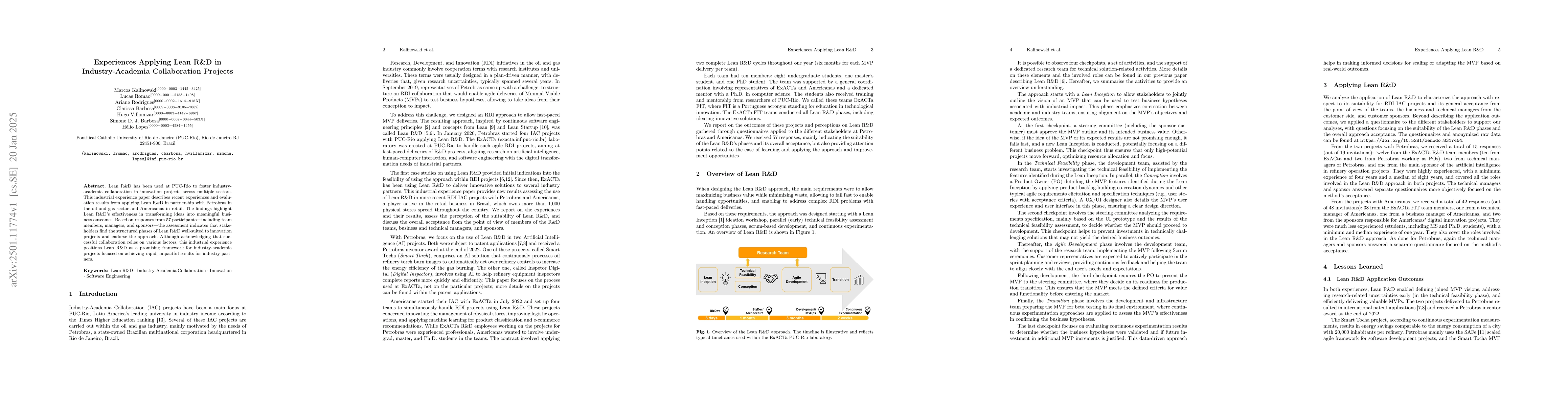 Thumbnail for Experiences Applying Lean R&D in Industry-Academia Collaboration
  Projects