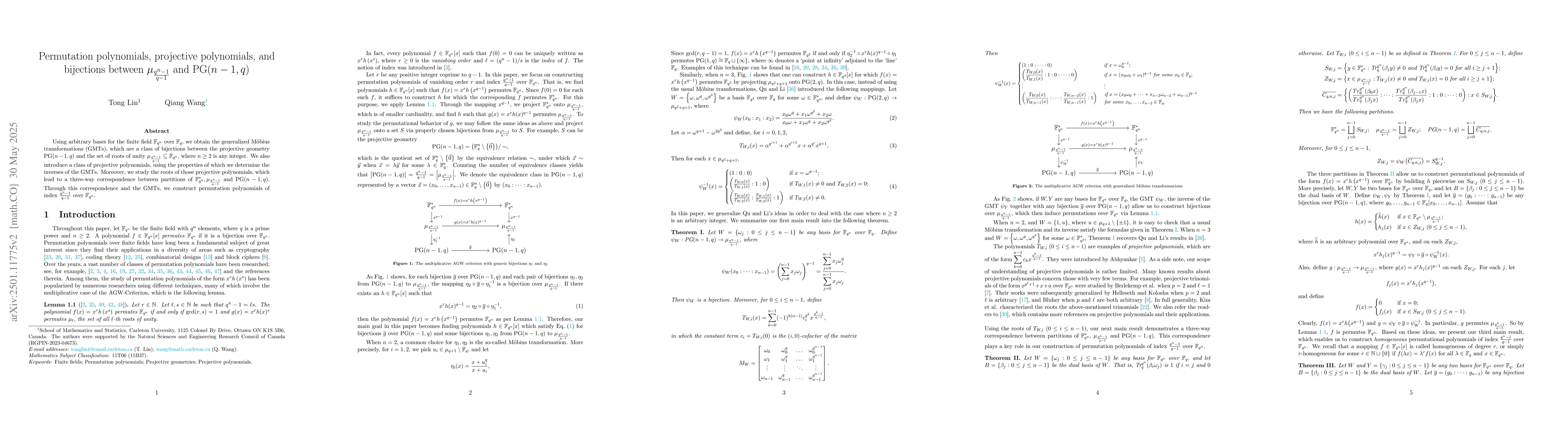 Thumbnail for Permutation polynomials, projective polynomials, and bijections between
  $μ_{\frac{q^n-1}{q-1}}$ and $PG(n-1,q)$