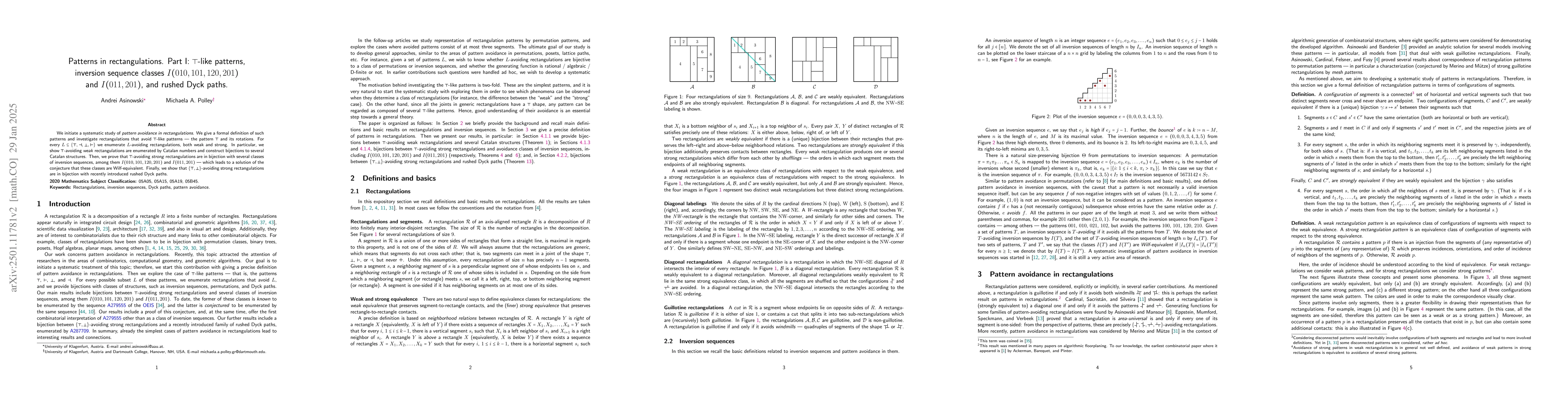 Thumbnail for Patterns in rectangulations. Part I: $\top$-like patterns, inversion
  sequence classes $I(010, 101, 120, 201)$ and $I(011, 201)$, and rushed Dyck
  paths