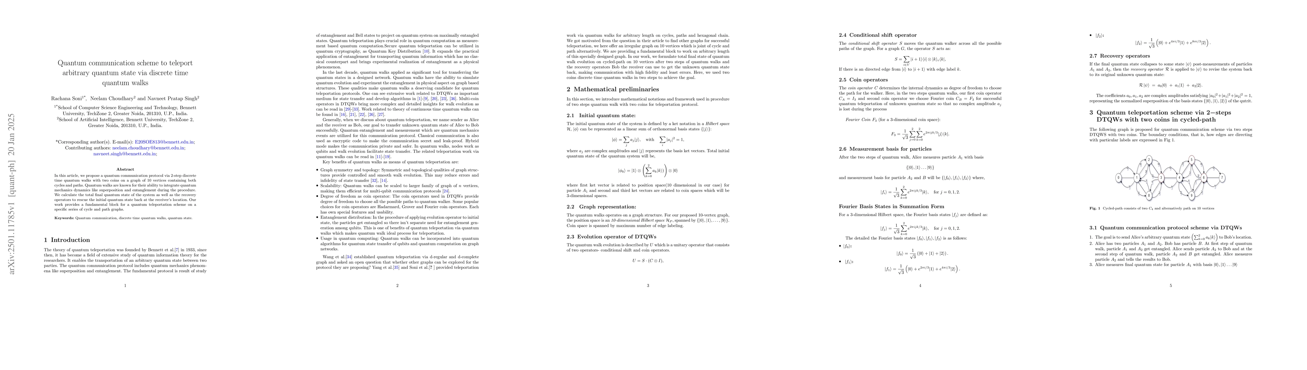 Thumbnail for Quantum communication scheme to teleport arbitrary quantum state via
  discrete time quantum walks