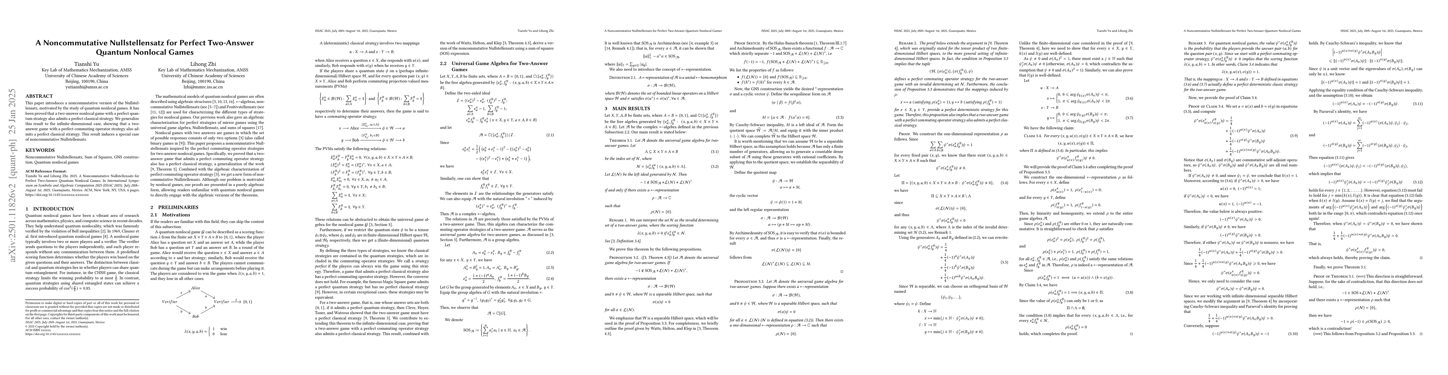 Thumbnail for A Noncommutative Nullstellensatz for Perfect Two-Answer Quantum Nonlocal
  Games