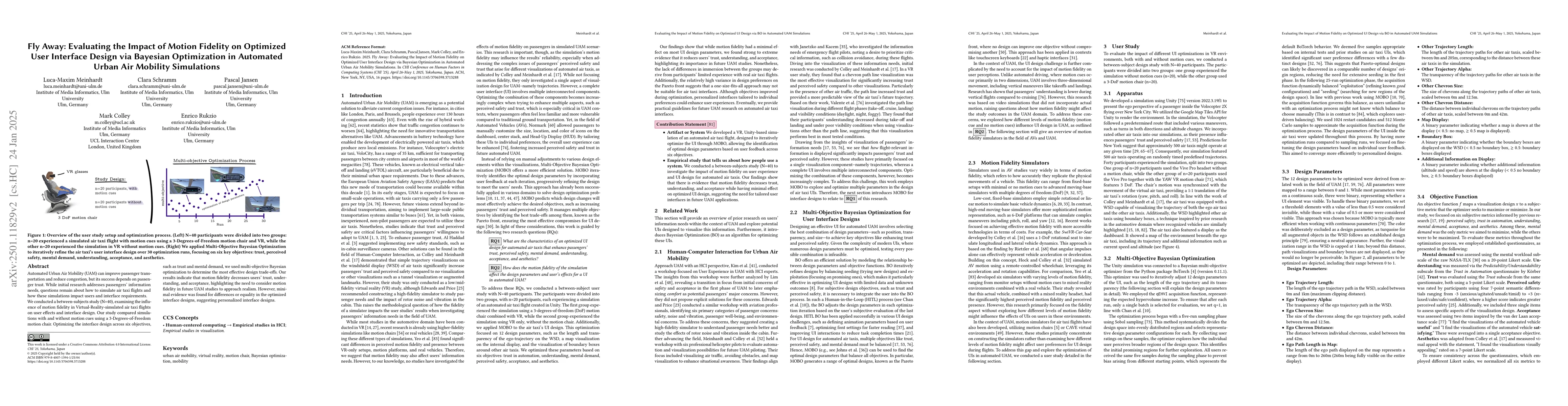 Thumbnail for Fly Away: Evaluating the Impact of Motion Fidelity on Optimized User
  Interface Design via Bayesian Optimization in Automated Urban Air Mobility
  Simulations