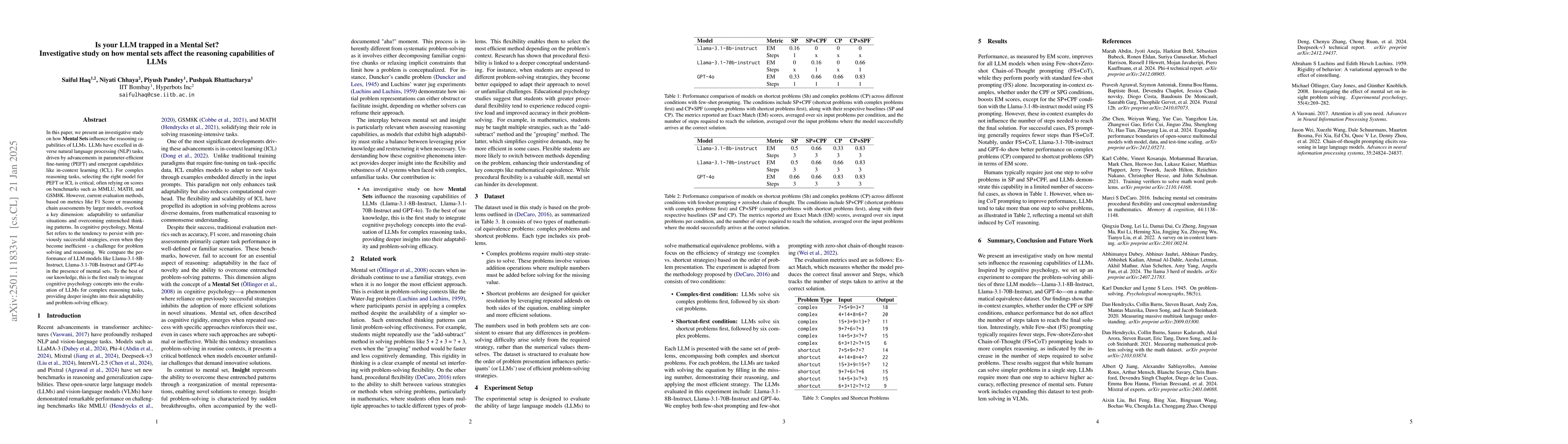 Thumbnail for Is your LLM trapped in a Mental Set? Investigative study on how mental
  sets affect the reasoning capabilities of LLMs