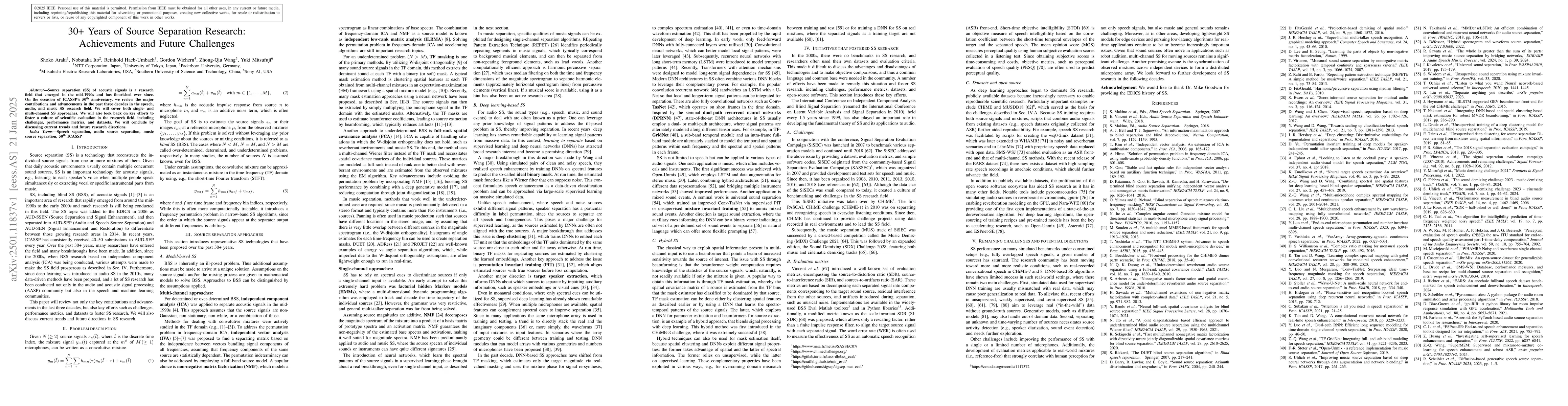 Thumbnail for 30+ Years of Source Separation Research: Achievements and Future
  Challenges