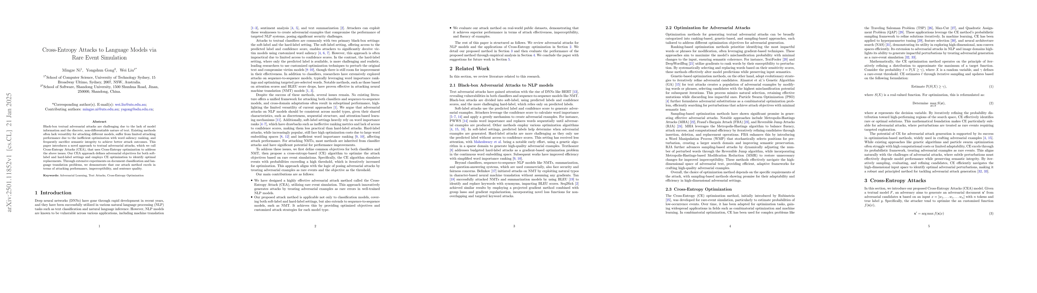Thumbnail for Cross-Entropy Attacks to Language Models via Rare Event Simulation