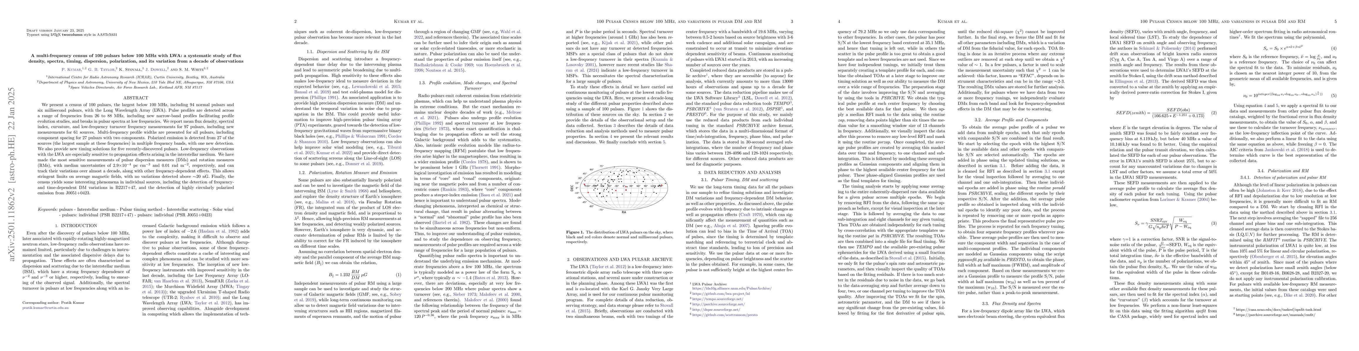 Thumbnail for A multi-frequency census of 100 pulsars below 100 MHz with LWA: a
  systematic study of flux density, spectra, timing, dispersion, polarization,
  and its variation from a decade of observations