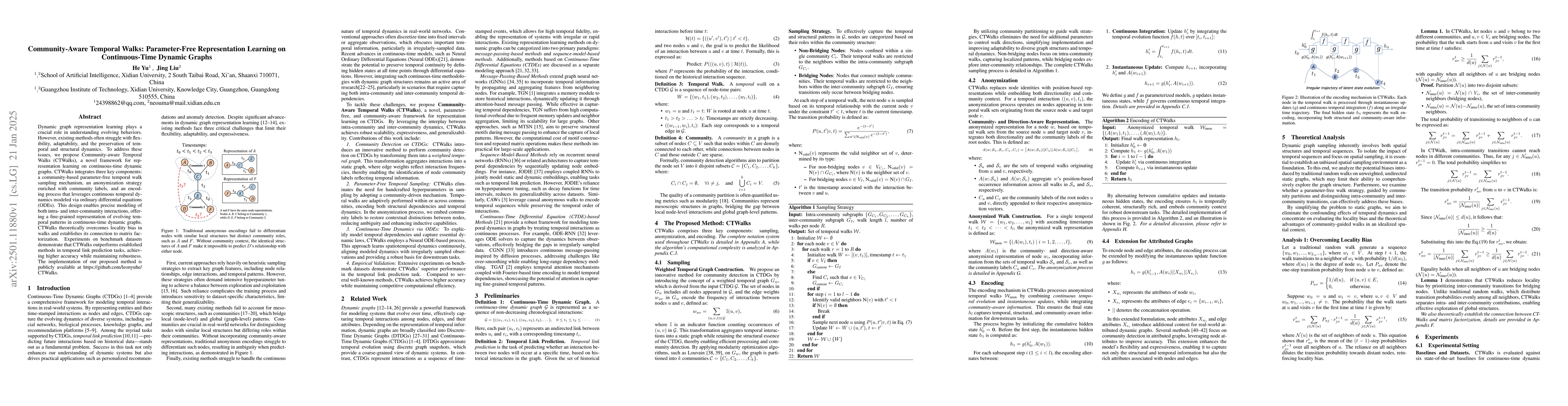 Thumbnail for Community-Aware Temporal Walks: Parameter-Free Representation Learning
  on Continuous-Time Dynamic Graphs