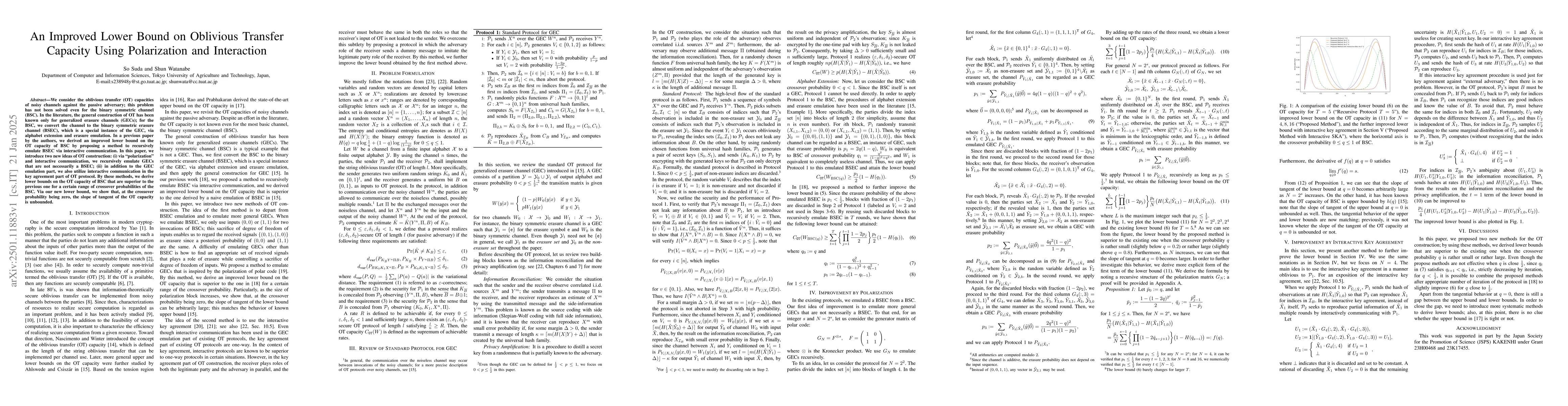 Thumbnail for An Improved Lower Bound on Oblivious Transfer Capacity Using
  Polarization and Interaction