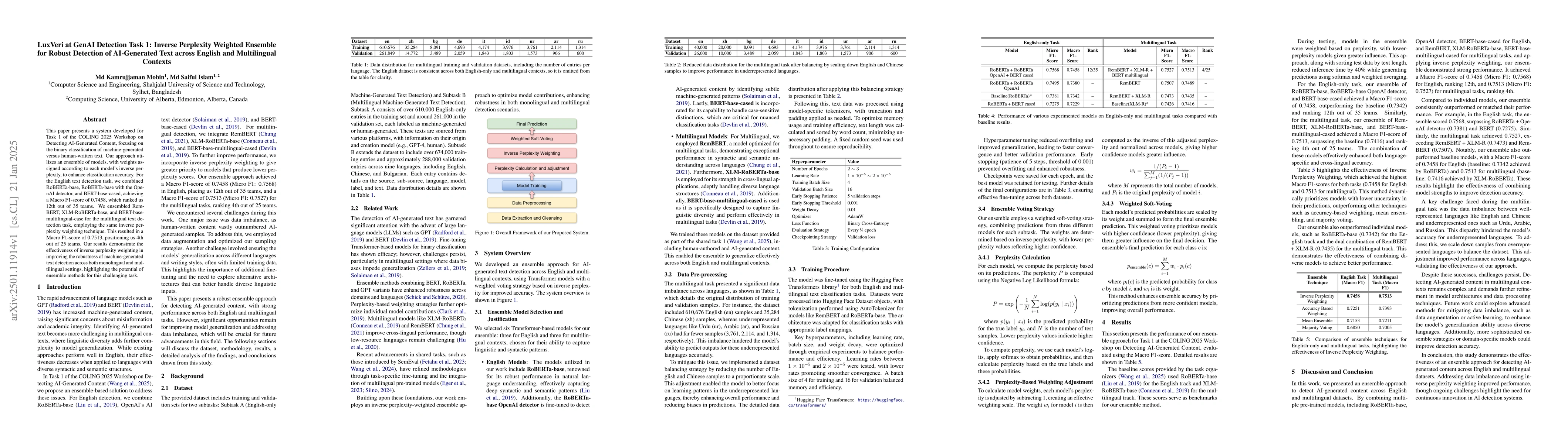 Thumbnail for LuxVeri at GenAI Detection Task 1: Inverse Perplexity Weighted Ensemble
  for Robust Detection of AI-Generated Text across English and Multilingual
  Contexts