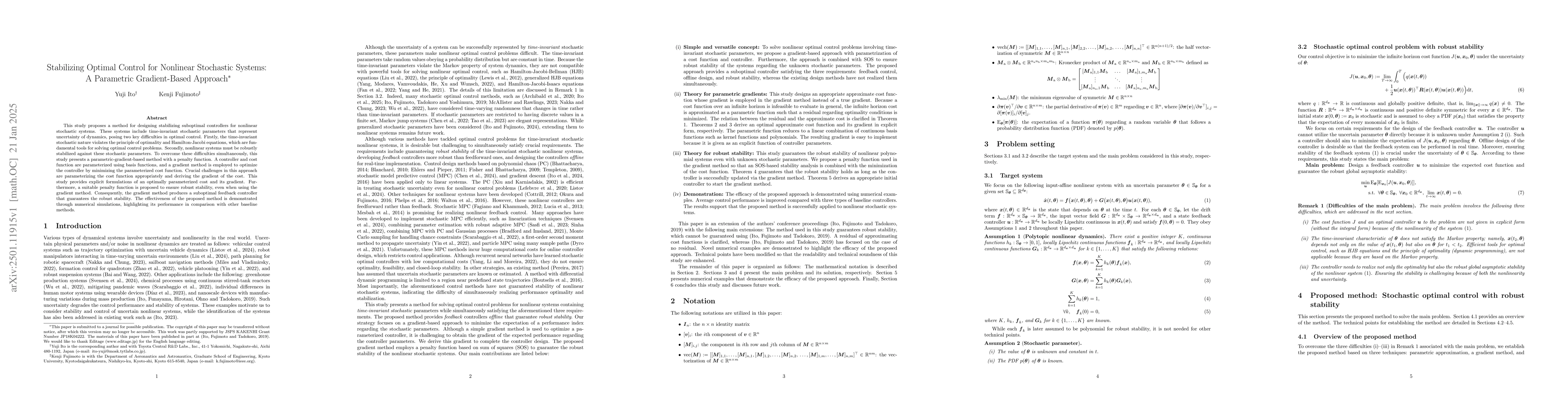 Thumbnail for Stabilizing Optimal Control for Nonlinear Stochastic Systems: A
  Parametric Gradient-Based Approach