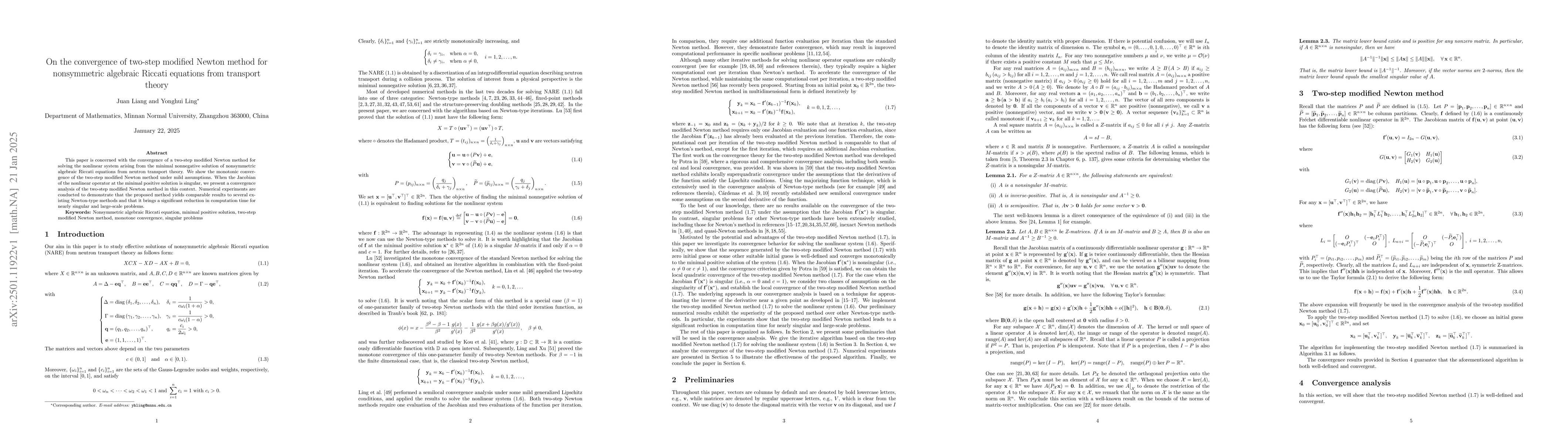 Thumbnail for On the convergence of two-step modified Newton method for nonsymmetric
  algebraic Riccati equations from transport theory