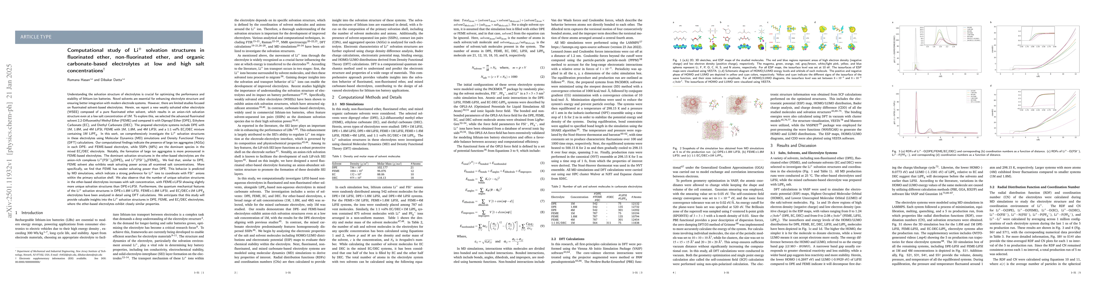 Thumbnail for Computational Study of Li+ Solvation Structures in Fluorinated Ether,
  Non-Fluorinated Ether, and Organic Carbonate-Based Electrolytes at Low and
  High Salt Concentrations
