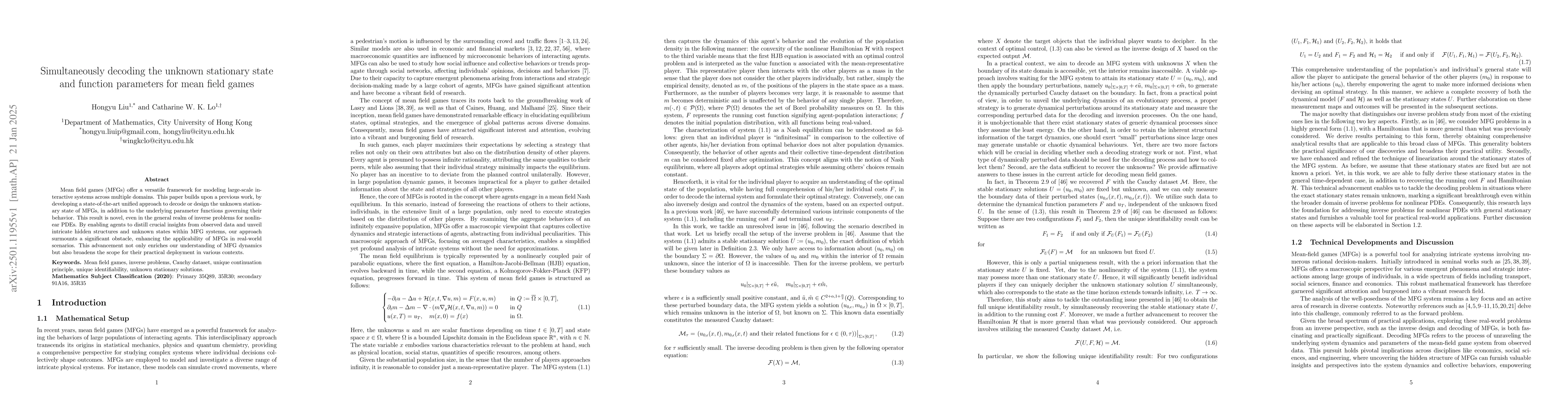 Thumbnail for Simultaneously decoding the unknown stationary state and function
  parameters for mean field games
