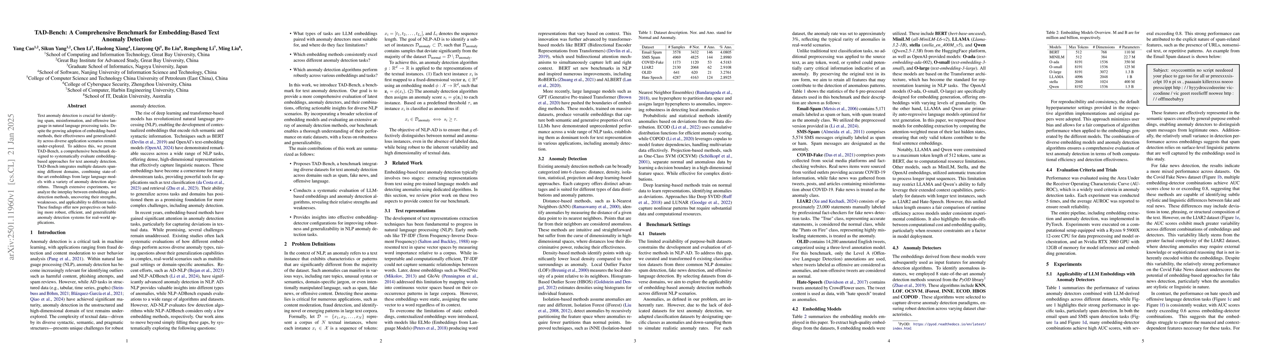 Thumbnail for TAD-Bench: A Comprehensive Benchmark for Embedding-Based Text Anomaly
  Detection