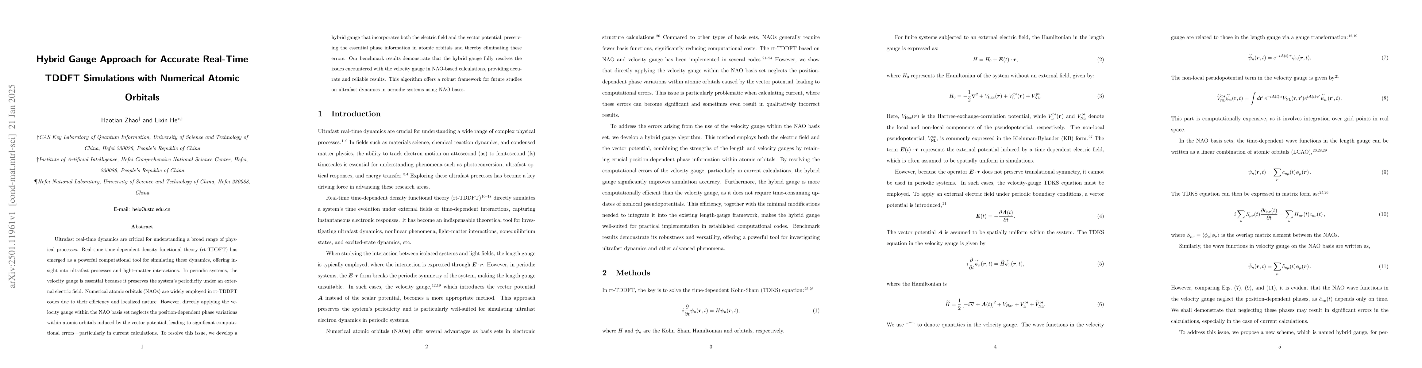 Thumbnail for Hybrid Gauge Approach for Accurate Real-Time TDDFT Simulations with
  Numerical Atomic Orbitals