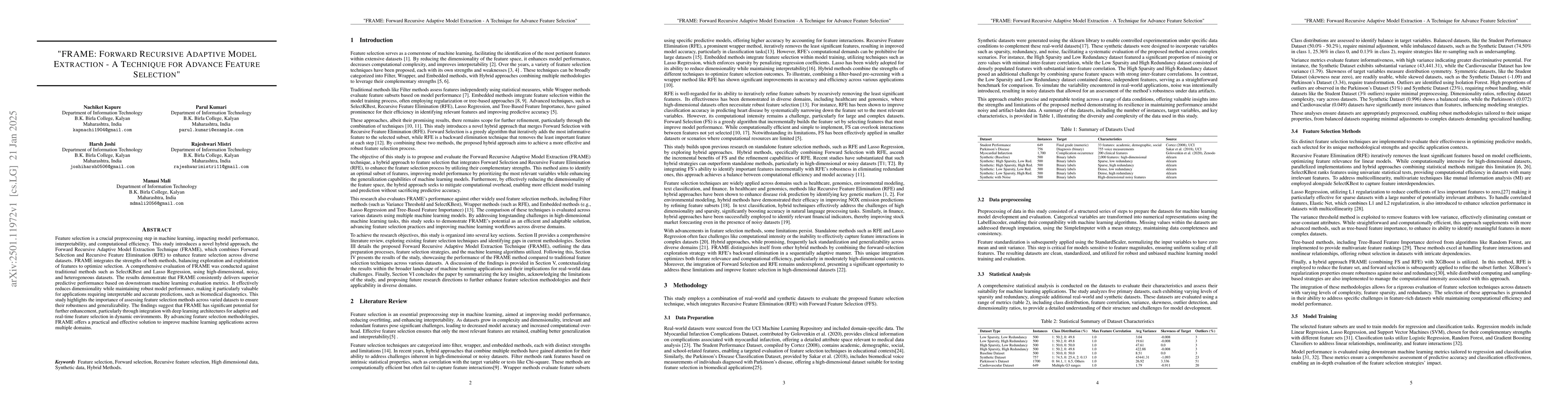 Thumbnail for "FRAME: Forward Recursive Adaptive Model Extraction -- A Technique for
  Advance Feature Selection"