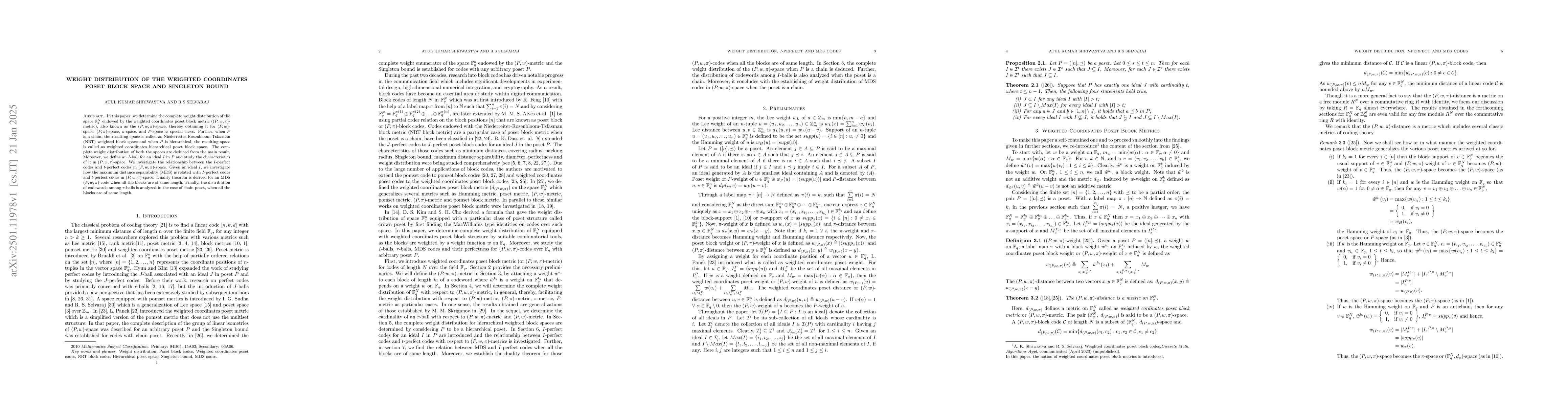 Thumbnail for Weight Distribution of the Weighted Coordinates Poset Block Space and
  Singleton Bound