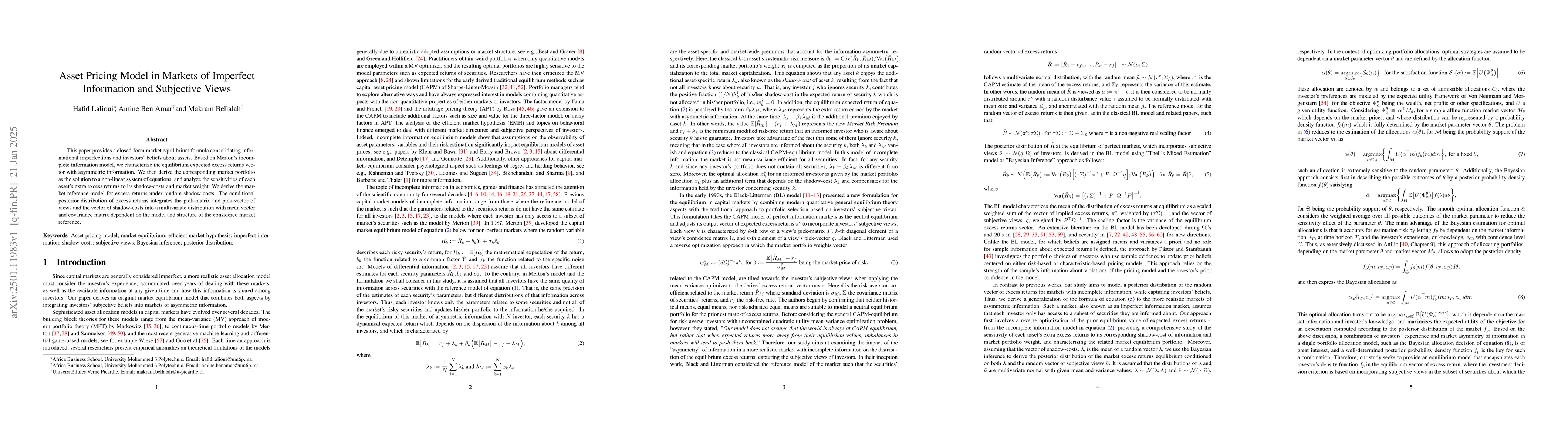 Thumbnail for Asset Pricing Model in Markets of Imperfect Information and Subjective
  Views